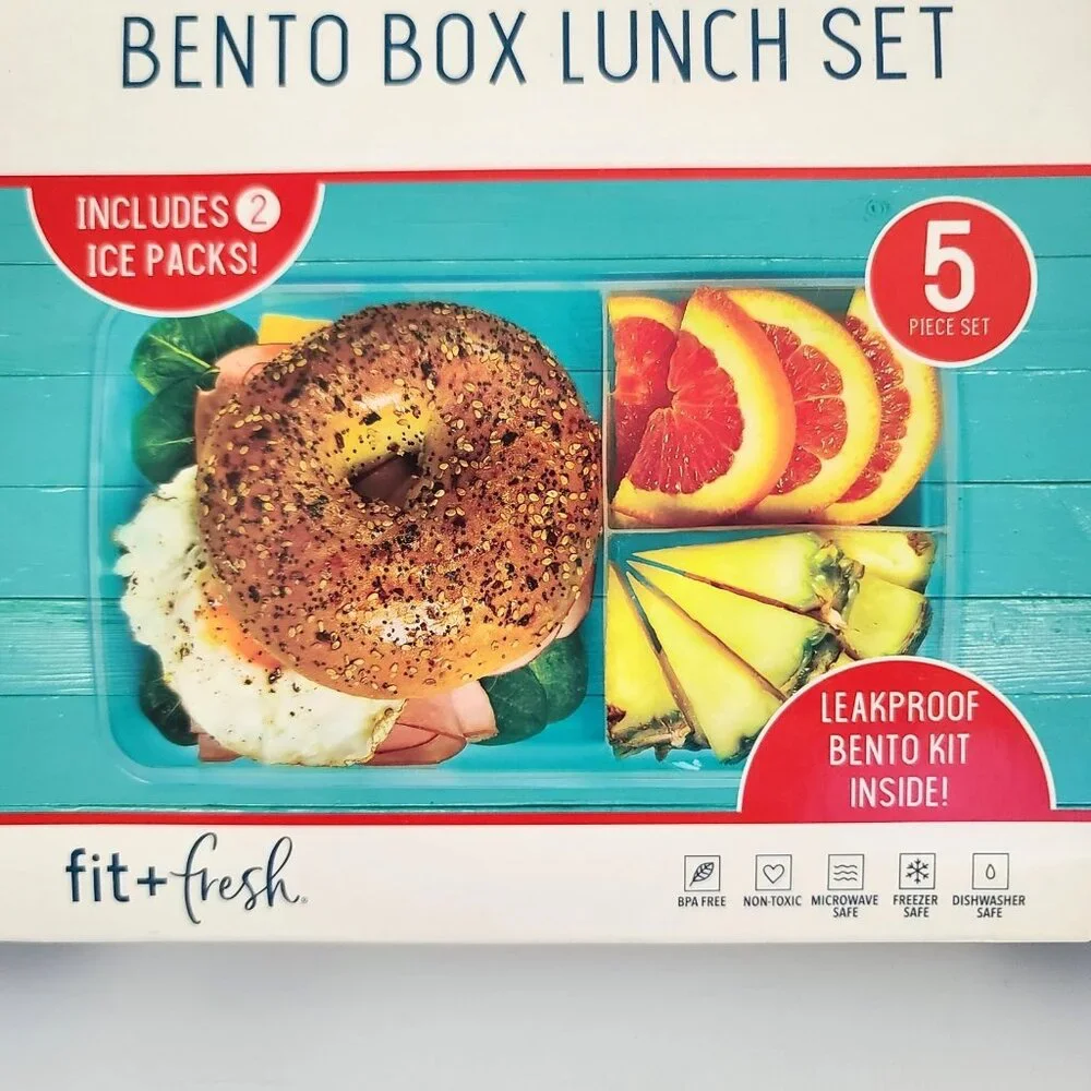 Fit & Fresh Bento Lunch Set 5 Pc Striped w 2 Ice Pack Insulated Zip Bag Navy NEW